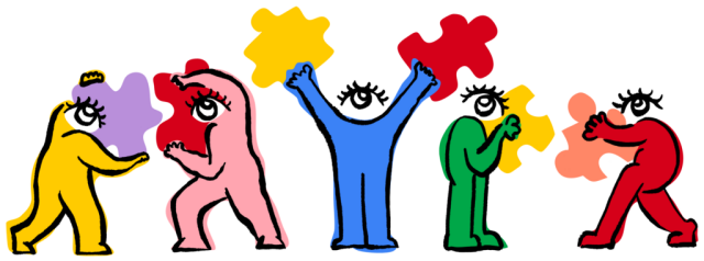 A painted picture showing 5 persons holding big puzzle pieces and putting them together.